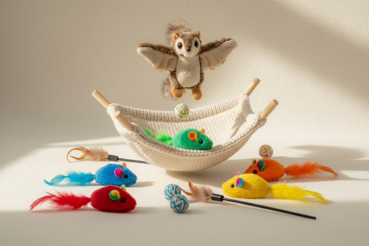 can you change it to be colorful mice cat hammock, and flying squirrel toy, background should be an off white 